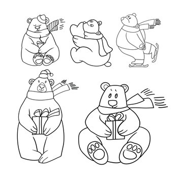 Set of line drawings in vector, greeting card, happy new year and merry christmas, polar bear, funny cartoon images