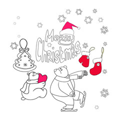 Set of line drawings in vector, greeting card, happy new year and merry christmas, polar bear, funny cartoon images