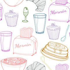 Hand drawn colored breakfast elements. Vector seamless pattern
