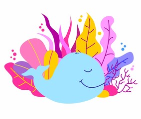 Cute whale with a sea corals and plants in cartoon style