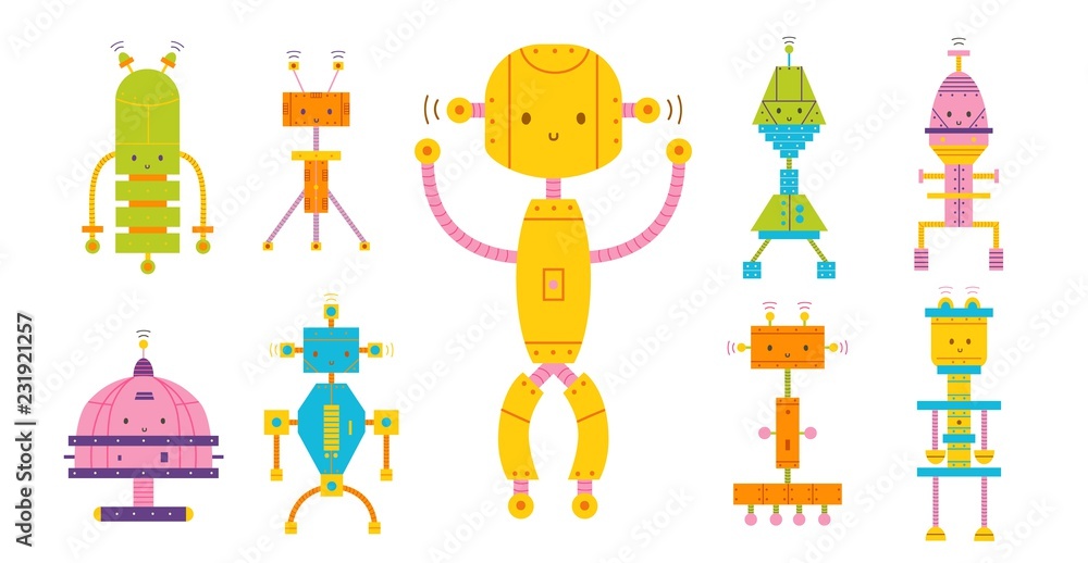 Poster bundle of colored adorable happy robots isolated on white background. set of various toy cyborgs, fu