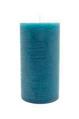 A paraffin big candle in turquoise color lies on a white background with a clipping path.