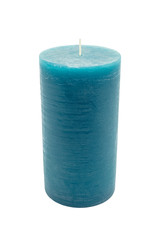 A paraffin big candle in turquoise color lies on a white background with a clipping path.