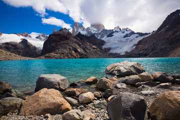 Fototapeta na wymiar Lake at foot of Fitz Roy, Cerro Torre, Andes, Argentina