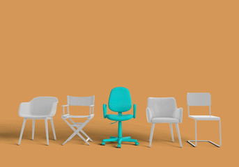 Row of chairs with one odd one out. Job opportunity. Business leadership. recruitment. 3D rendering