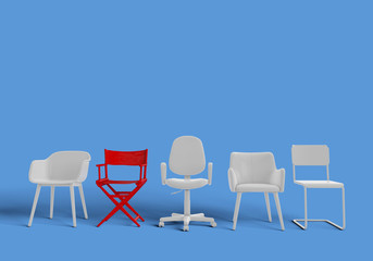Row of chairs with one odd one out. Job opportunity. Business leadership. recruitment. 3D rendering