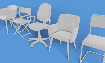 Row of different chairs. Job opportunity. Business diversity. recruitment. 3D rendering