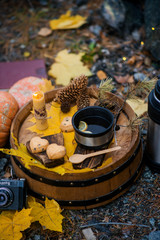 Autumn picnic by the fire in nature: coffee pot, waffles, fire, stylishly served in the style of hugge.