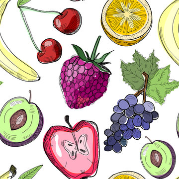 Hand drawn tasty juicy fruits. Colorful vector seamless pattern