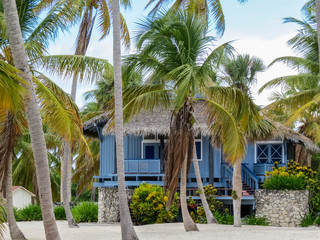 Fototapeta na wymiar La Romana, Dominican Republic - Beautifull Beach house with tropical palms and white sand of a typical tropical island of the caribbean