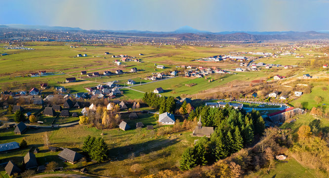 Aerial view of Village museum in Sighetu Marmatie, Maramures region, Romania