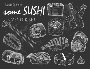 Hand drawn some sushi and rolls. Chalk style graphic vector set © Dariia