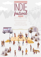 Indie festival poster with people walking, buying meals, taking photo, talking to each other, fun and dance, watch the performance, cartoon flat design. Editable vector illustration