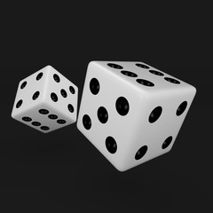 White dice with black dots hanging in half turn showing different numbers isolated on black background