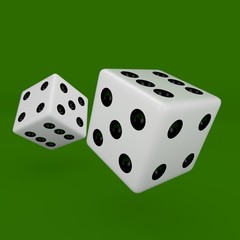 White dice with black dots hanging in half turn showing different numbers isolated on green background