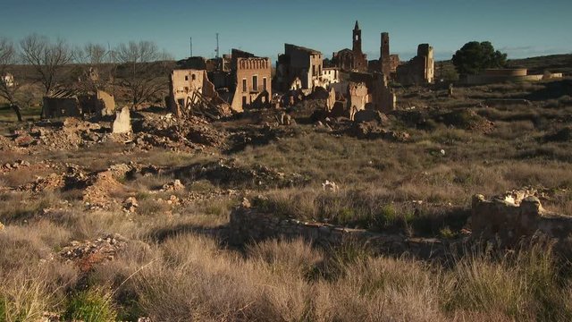 Tilt up shot of the abandoned village Belchite in northern Spain