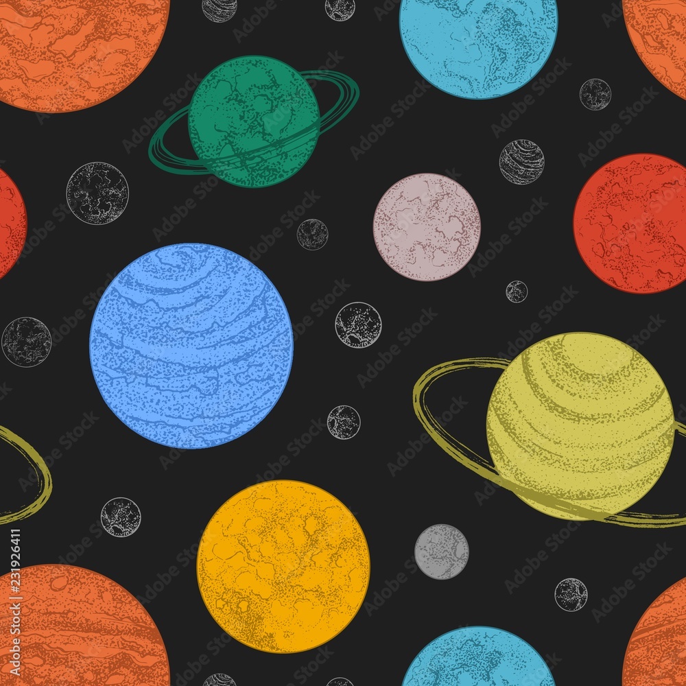 Wall mural seamless pattern with planets and other celestial bodies in outer space. backdrop with cosmic object