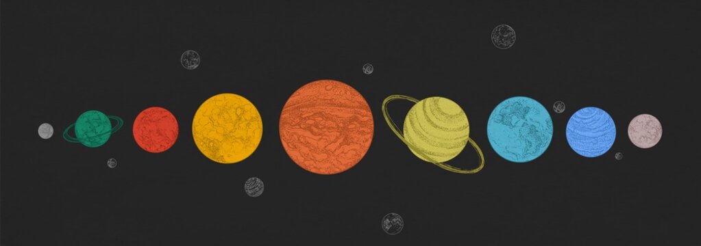 Planets of Solar system arranged in horizontal row against black background. Celestial bodies in outer space. Natural cosmic objects in galaxy. Elegant colorful vector illustration in dotwork style.