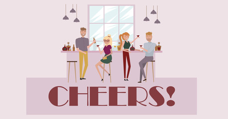 People celebrating poster. Young people at party in the bar. Funny cartoon style icons collection with men and women. Editable vector illustration