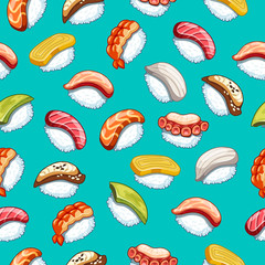 Vector kawaii seamless pattern japanese food illustration for shop design on blue background .Sushi icons with tuna, salmon, eel, avocado, omelette, octopus, shrimp.