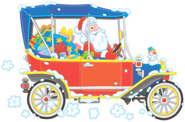 Santa Claus driving his car with Christmas gifts, vector illustration in a cartoon style