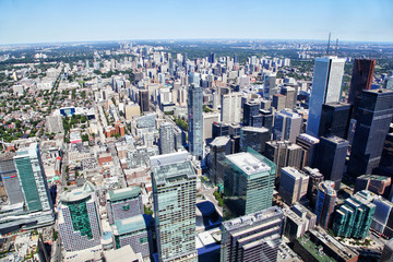 Fototapeta na wymiar Aerial view of Toronto's downtown financial district showing skyscraper skyline of corporate business buildings.