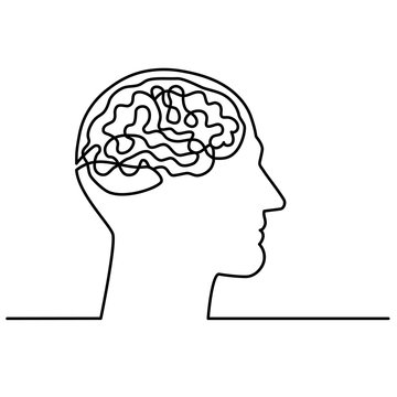Continuous one line drawing men head and brain inside.The concept of thinking ideas inside the person's head. Vector