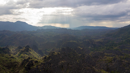 Beautiful landscape lay lighting of landmark of Asia. Aerial view Limestone mountains in Khammouane Laos.