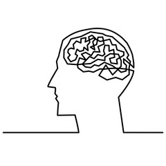 Continuous one line drawing men head and brain inside.The concept of thinking ideas inside the person's head. Vector illustration.