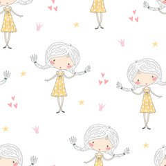 cute little girl vector seamless pattern illustration