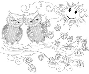 Coloring pages. Birds. Cute owl sits on the tree.