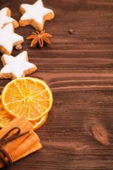 Obraz na płótnie Canvas Winter and New Year theme. Spices, orange, cinnamon, anise