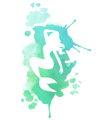 Mermaid, vector silhouette illustration on watercolor background.