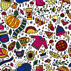 Seamless pattern with autumn doodle illustrations