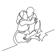 Continuous single drawn one line of enamored conjugal pregnant couple drawn by hand picture silhouette. One line art vector illustration. Character of a pregnant woman with her husband.