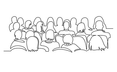 Continuous Line Drawing of Vector illustration character of audience in the conference hall background with blank space for your text and design. Outline, thin line art, hand drawn sketch © samuii