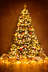 Christmas Tree Lights, Defocused Blurred Xmas Lighting Abstract Background, New Year Night