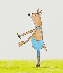 Deer artist in blue overalls holding paint brush and palette