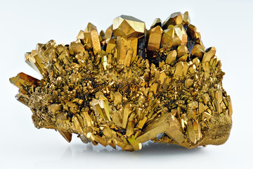 Quartz Gold Titanium Aura crystal cluster on white background