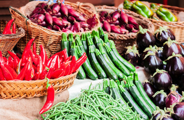 Various colorful fresh vegetables in the fruit market, Catania, Sicily, Italy