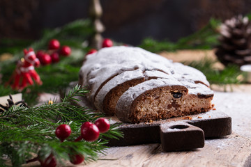 Christmas Cake. Stollen with Marzipan, Berries and Nuts.