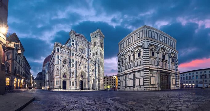 Florence at dusk. Panoramic view of Cathedral of Santa Maria del Fiore, Italy (static image with animated sky)
