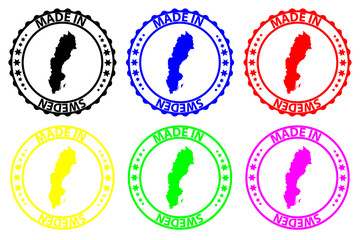 Made in Sweden - rubber stamp - vector, Sweden map pattern - black, blue, green, yellow, purple and red