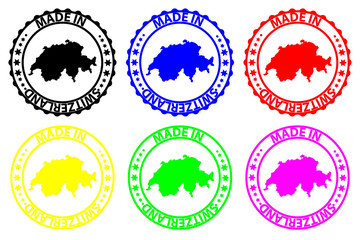 Made in Switzerland - rubber stamp - vector, Switzerland map pattern - black, blue, green, yellow, purple and red
