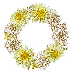 Decorative wreath with fluffy yellow dahlias.
