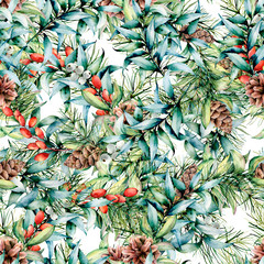 Obraz premium Watercolor Christmas pattern with eucalyptus and berries. Hand painted fir branches with cones, barberries, eucalyptus leaves isolated on white background. Holiday floral illustration for design