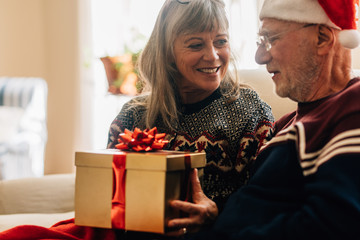 Senior couple sitting at home celebrating christmas holding a gi