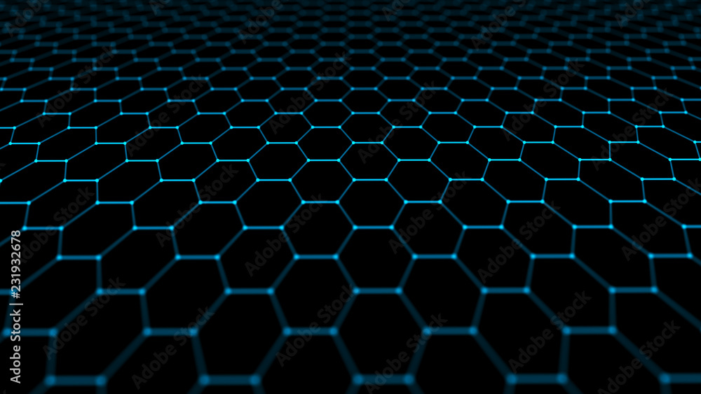 Fototapete Abstract technology background. Artificial intelligence. Futuristic hexagon perspective background. Big data visualization. 3D rendering.