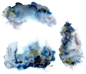Watercolor set with blue and grey splash and gold glitter on white background. The color splashing in the paper. Hand drawn watercolor texture. Illustration for design, print or background