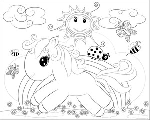 Coloring pages. Little cute pony and rainbow